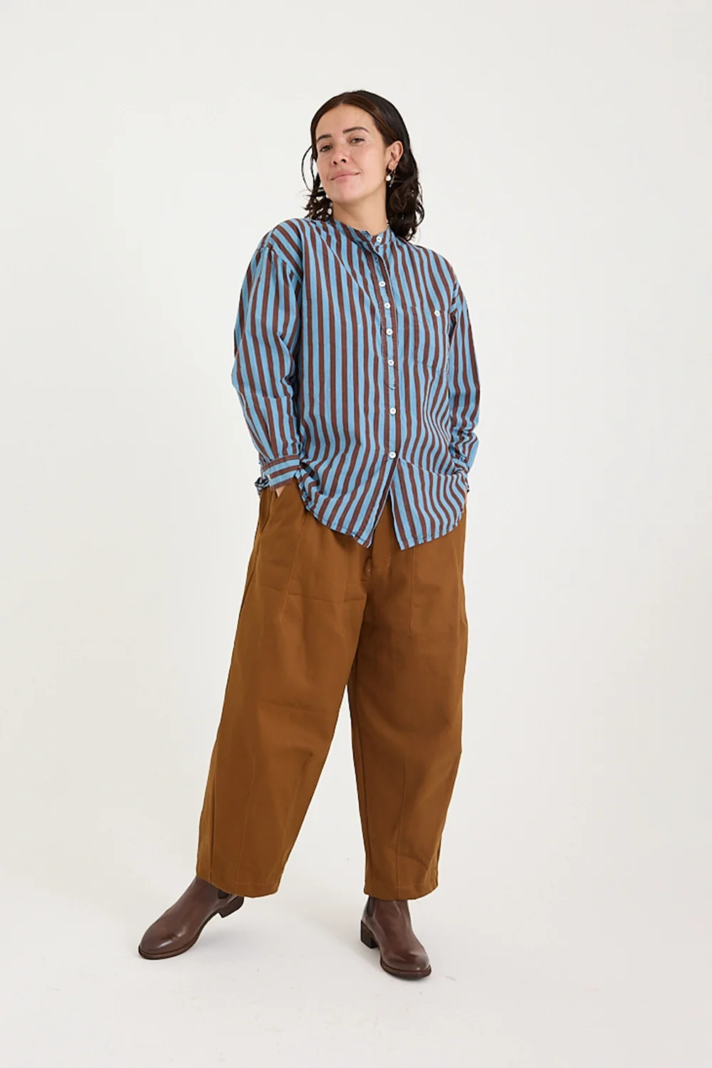 Metta - Italy Collarless Shirt - Coco Stripe Cotton Poplin - Image 4