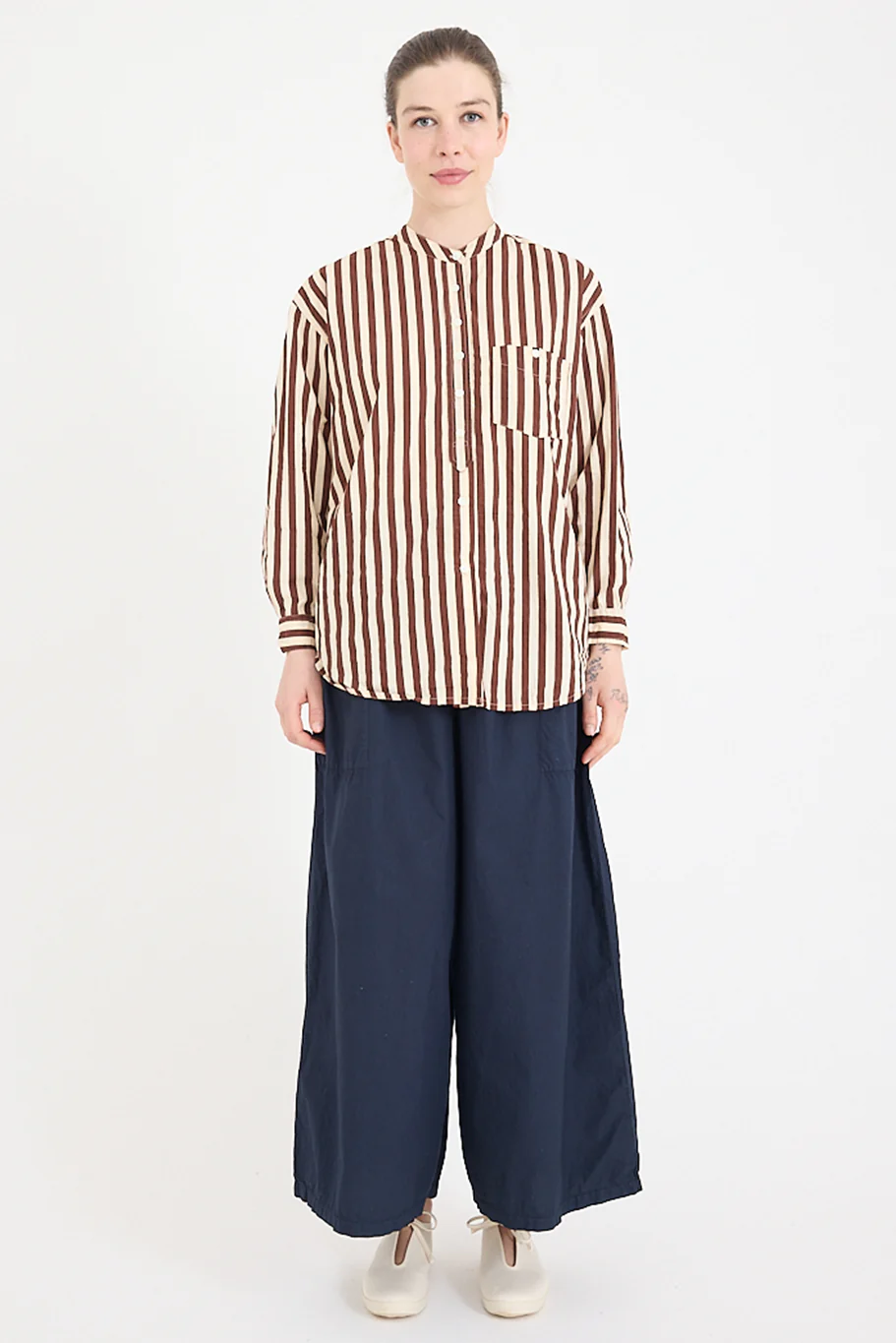 Metta - Italy Collarless Shirt - Coco Stripe Cotton Poplin - Image 6