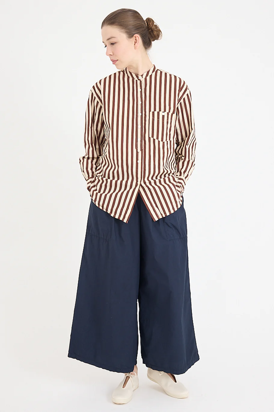 Metta - Italy Collarless Shirt - Coco Stripe Cotton Poplin - Image 7