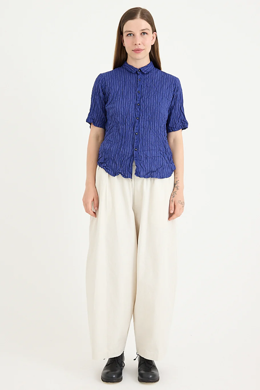 Pas De Calais - Blue Shirring Stripe Short Sleeve Blouse - Image 12