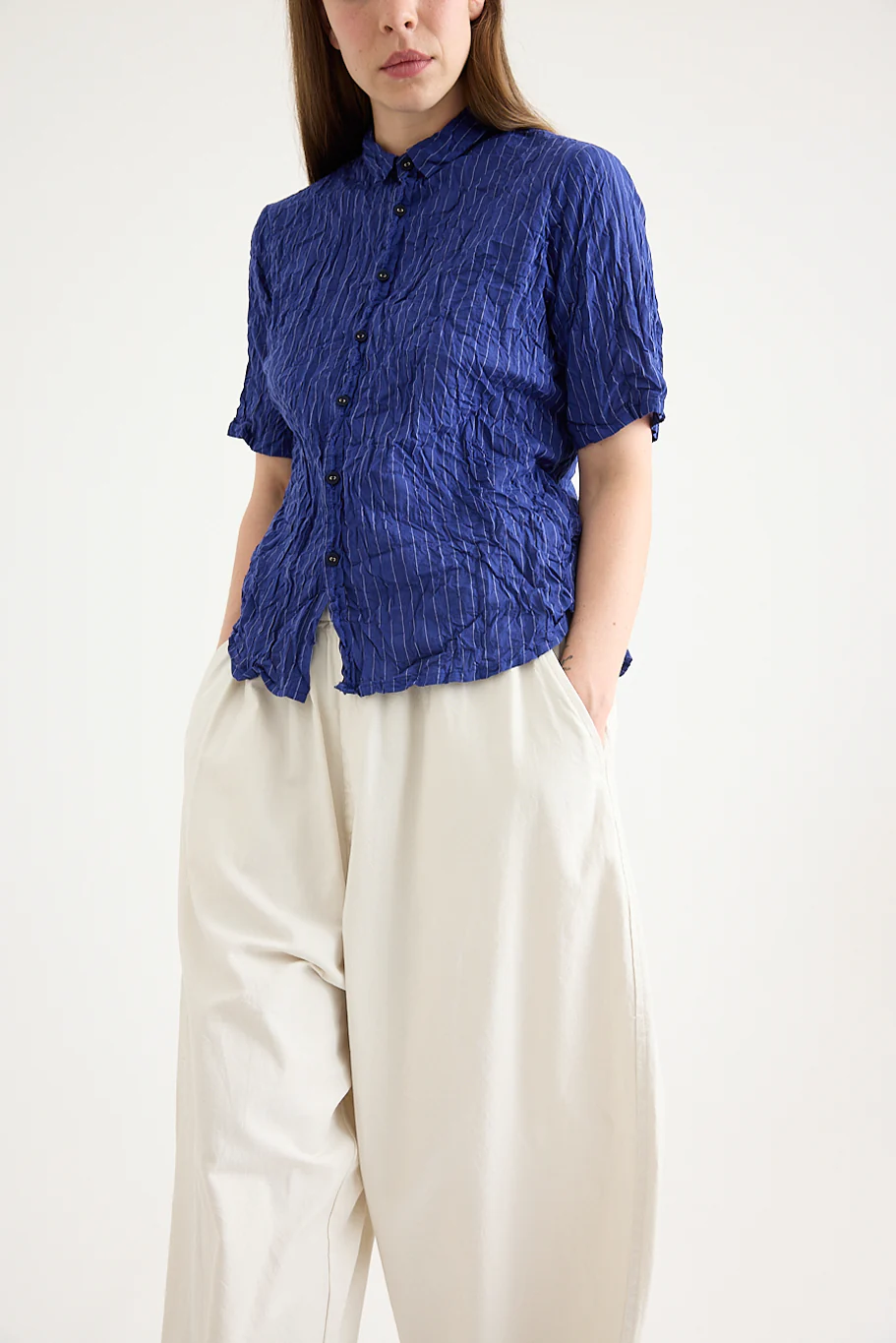 Pas De Calais - Blue Shirring Stripe Short Sleeve Blouse - Image 13