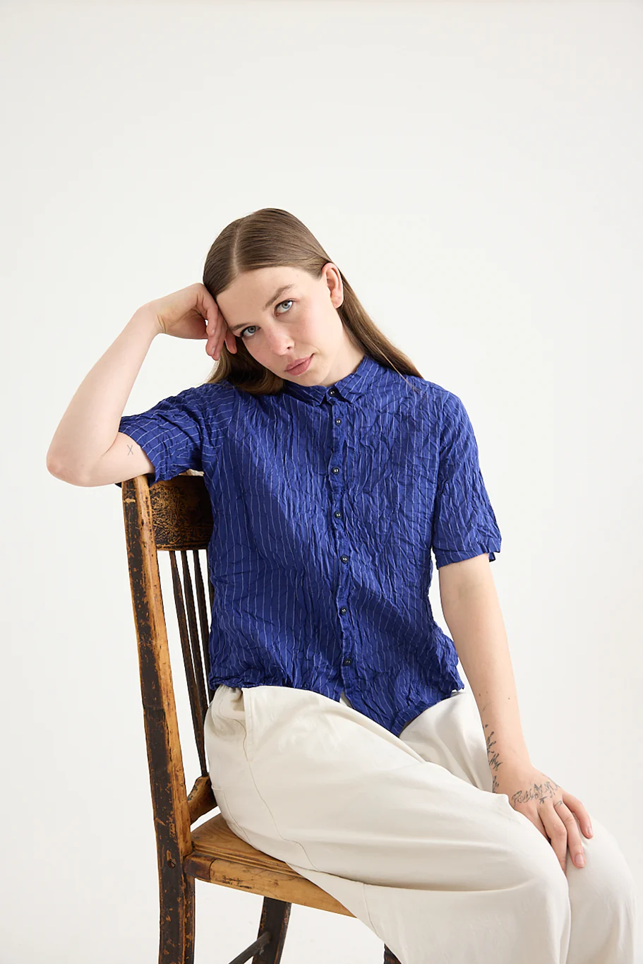 Pas De Calais - Blue Shirring Stripe Short Sleeve Blouse - Image 14