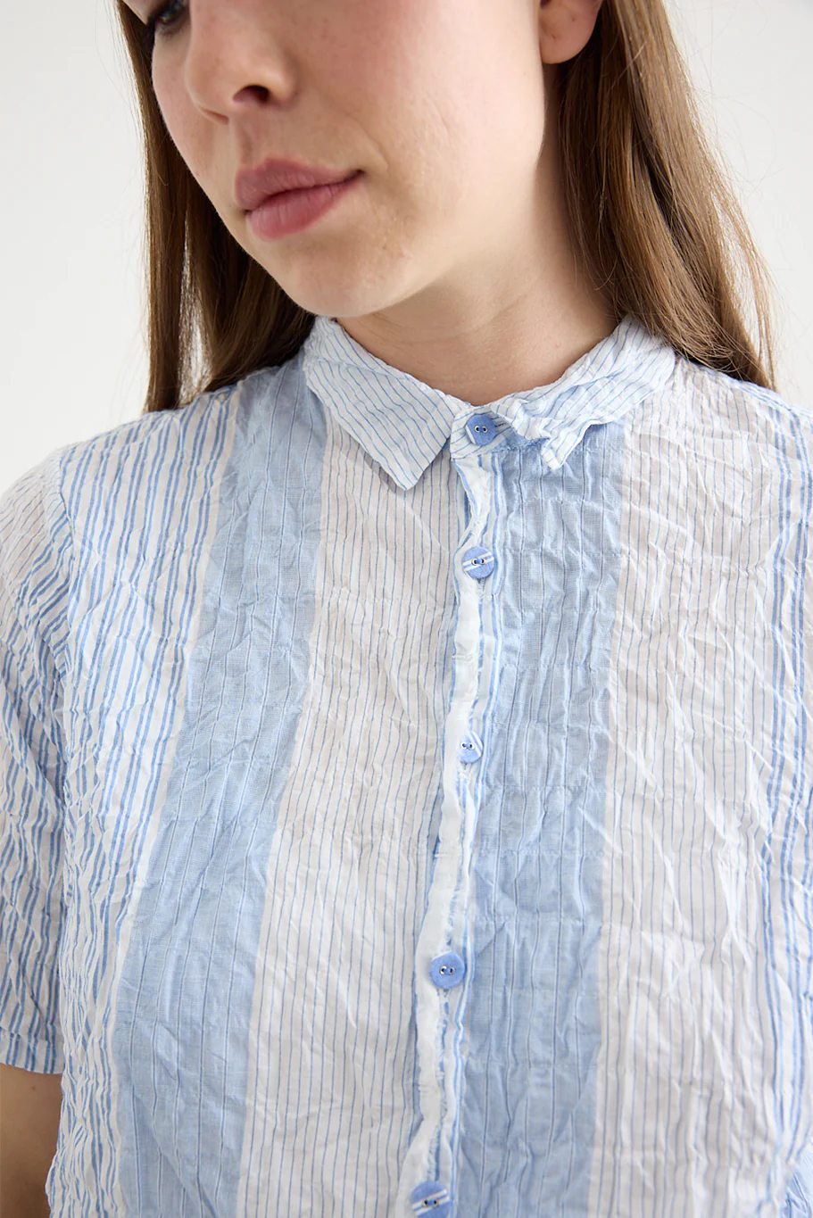 Pas De Calais - Blue Shirring Stripe Short Sleeve Blouse - Image 3
