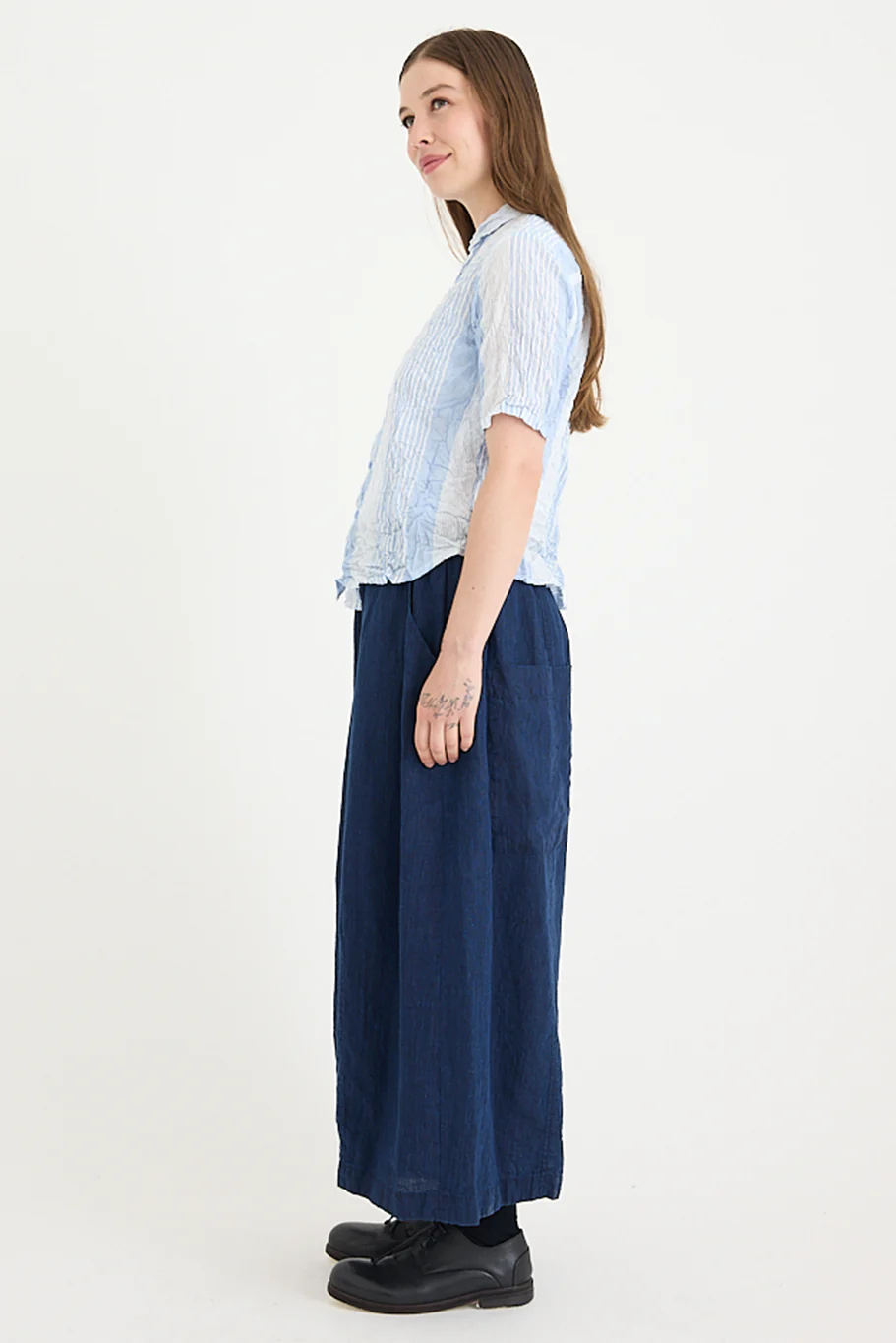 Pas De Calais - Blue Shirring Stripe Short Sleeve Blouse - Image 4