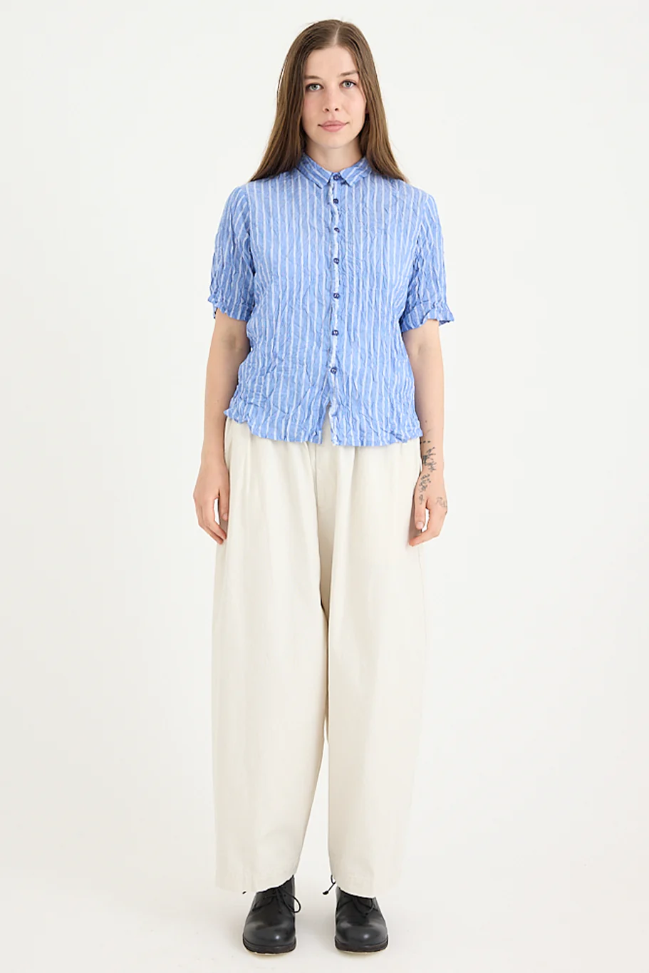 Pas De Calais - Blue Shirring Stripe Short Sleeve Blouse - Image 6