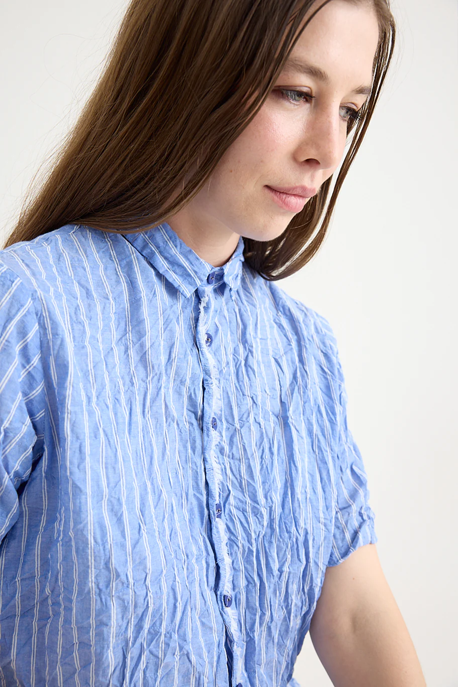Pas De Calais - Blue Shirring Stripe Short Sleeve Blouse - Image 7