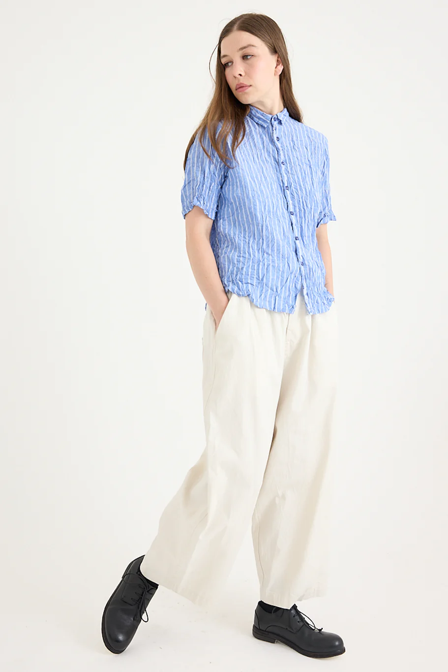 Pas De Calais - Blue Shirring Stripe Short Sleeve Blouse - Image 9